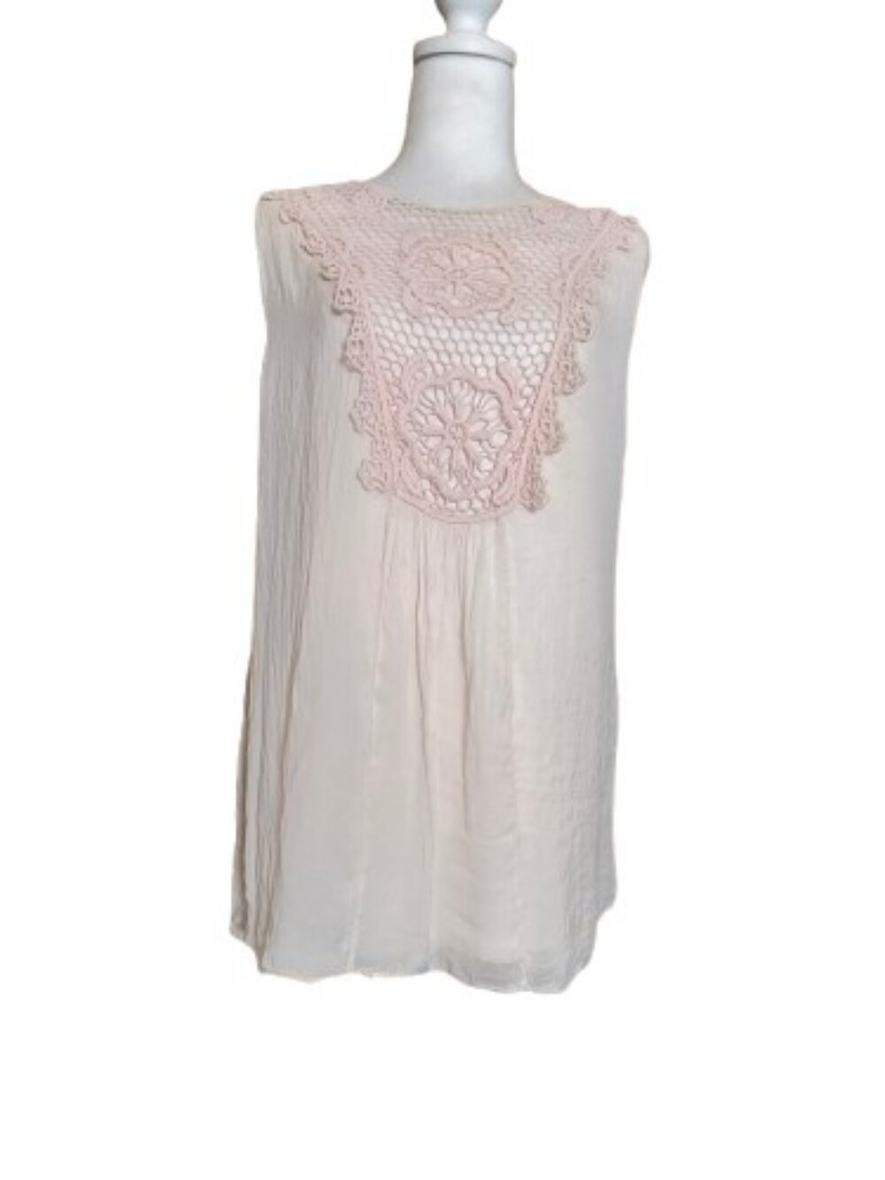 Source Unknown 100% Silk Pale Blush Crochet Yoke Tank Top